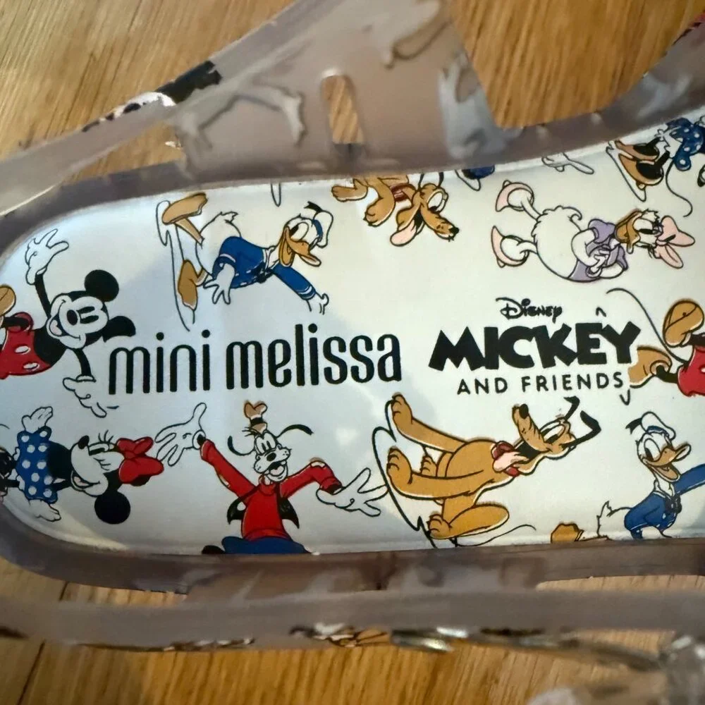 Disney x Mini Melissa Size 2 Gray Mickey & Friends Roman Fisherman Jelly Sandals